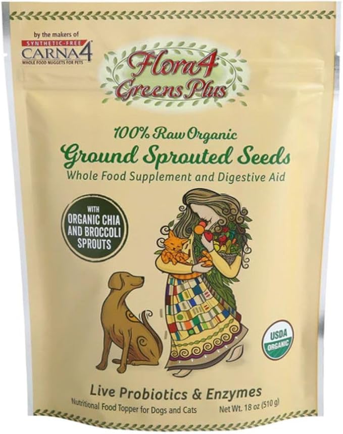 CARNA4 Flora4 Sprouted Seeds Food Topper for Dogs &amp Cats Greens Plus Blend with Broccoli &amp Chia Rich in Natural Probiotics &amp Digestive Enzymes Synthetic-Free Whole Food Supplement 18oz