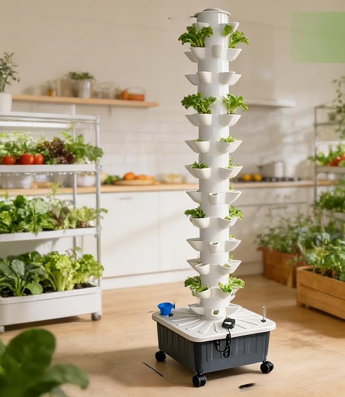 Vertical Hydroponics Growing SystemAeroponic Grow Tower for Herbs Fruits and Vegetables 14 Layer 70 Plants Sites with Movable Water Tank Hydrating Pump Timer Adapter