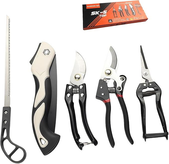 5 Piece Stainless Steel Gardening Tool Set with Ergonomic Handles – Rustproof Garden Kit Including 3 Pruning Shears and 2 Folding SawsPerfect for Trimming Cutting and Landscaping