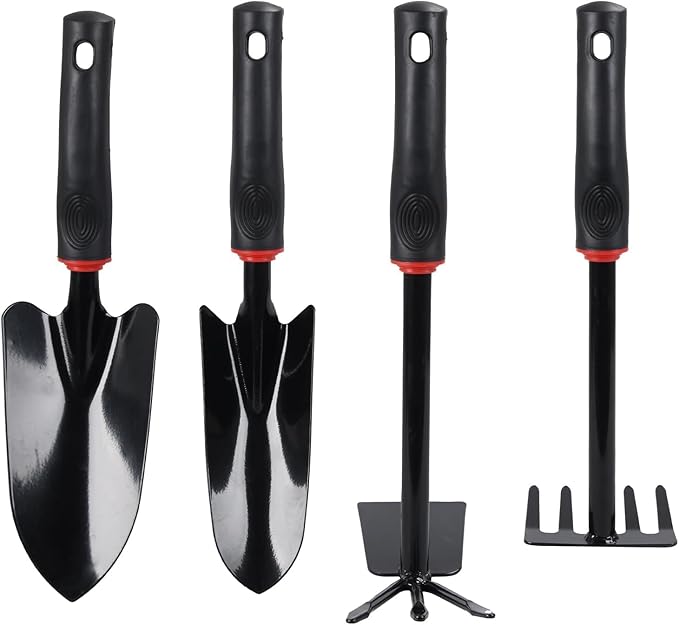 4 Pcs Garden Tools Set (Five Tooth Rake 2 Shovel and Two Headed Hoe) Terrace Balcony Gardening Accessories Kit for Home Garden Essential Farming