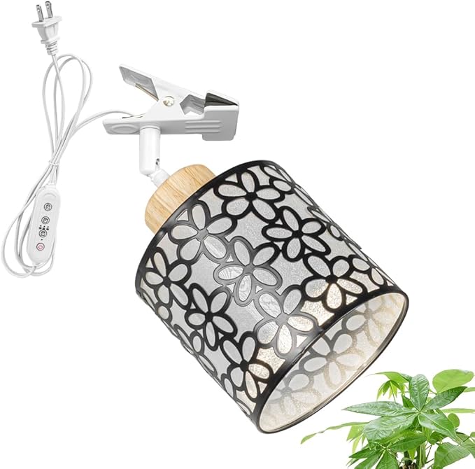 Clip Mount 5.9Ft Plug in Timing Cord Plant Light Full Spectrum 4500K 10W Wood Base Black Metal Flower Pattern Shade Adjusted Angle Vintage Clamp Light for Indoor Plants