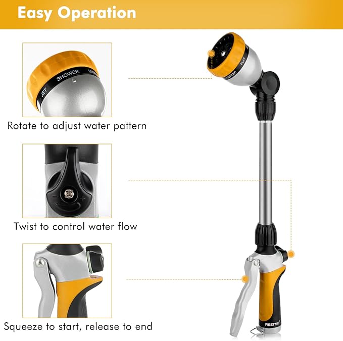 RESTMO Metal Watering Wand Heavy Duty Garden Hose Wand with 180° Swivel Ratcheting Head 16'' Hose Nozzle Sprayer with 7 Spray Patterns and Flow Control for Water Hanging Baskets and Shrubs Yellow