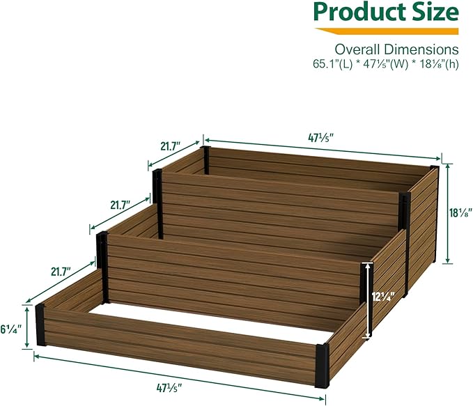 mondaria 3-Tier Planter Raised Beds 47.2 x 65.1 x 18.1 Outdoor Elevated Flower Box Wood Plastic Composite Tiered Garden Bed for Backyard/Patio/Gardener Brown