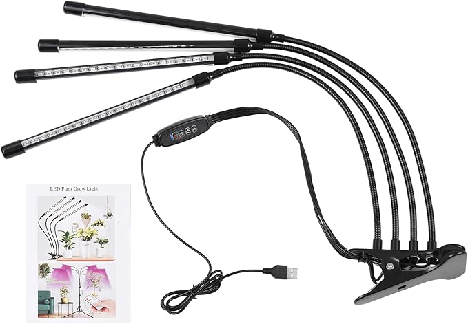 LED Grow Light with Full Spectrum Clip Plant Growth Lamp with Red and Blue LEDs for Indoor Plants 10 Levels Dimmable 3/9/12H Timer 4 Heads