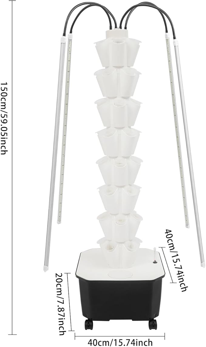 Hydroponic Growing System Tower 80W 40 Plants 8-Layer Hydroponic Tower with LED Light Vertical Hydroponics Garden Tower for Herbs Vegetables Fruits with Pump &amp Water Level Gauge (White)
