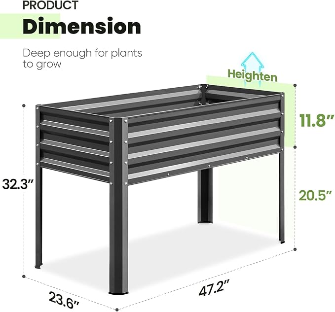 KING BIRD Raised Garden Bed with Irrigation System and Legs Galvanized Elevated Planter Box 48×24×31.5 in for Backyard Patio Balcony 400lb Capacity Dark Grey