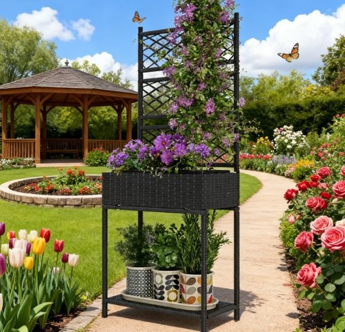Freestanding Rattan GBoxOutdoor Wicker Planter with for Climbing Plantswith Storage Shelf