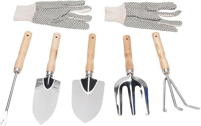 7pcs Gardening Hand Tools Set Stainless Steel Shovel Trowel Weed Puller Hand Fork with Wooden Handle for Weeding Planting Shoveling