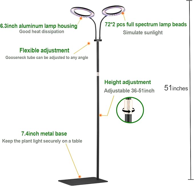 yadoker Desk Plant Grow Light for Indoor Plant Dual-Head LED Grow LightHeight AdjustableAutomatic Timer with 8/12/16 Hours10-Level BrightnessIdeal for Large Plant Grow