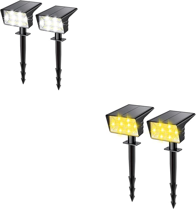2 Pack Cool White &amp 2 Pack Warm White Solar Spot Lights Outdoor with 60 LED &amp Auto On/OffSolar Lights Outdoor Waterproof IP68 with 3 Lighting Modes 2-in-1 Solars Landscape Light for Outside