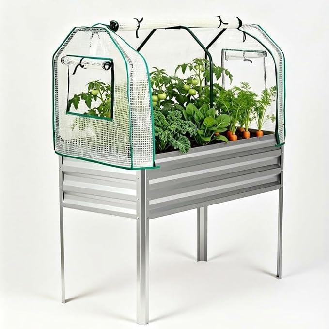 PeakPursuit Raised Garden Bed with Greenhouse Cover Raised Bed with Legs &amp Built-in Spray Tube for Vegetables Galvanized Metal Elevated Planter Box for Patio Backyard Balcony