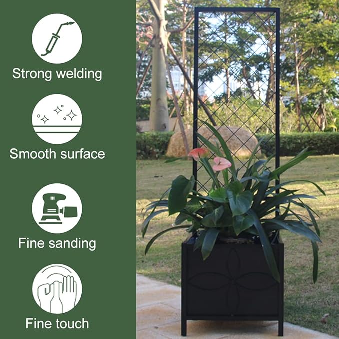 Zhongma 15.75 x 15.75 x 55 in Raised Garden Bed with TrellisHeavy Duty Plant Box for Climbing Plants with Drainage Hole Metal Lattice Planter Gardon Box with Inner Fabric Liners.