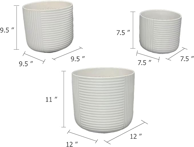 Planter Set of 3 White Ceramic Ribbed Texture Pots 12 10 8 Inch