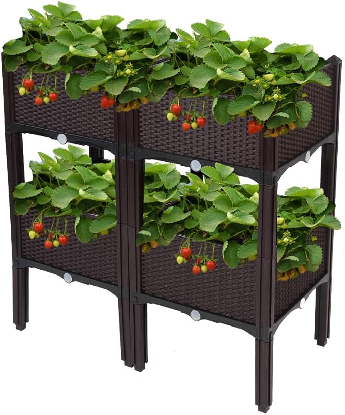 VINGLI Square Raised Garden Bed Self-Watering Plastic Planter for Indoor Outdoor Vegetables Fruits Potato Flowers All Weather (4 Pcs)