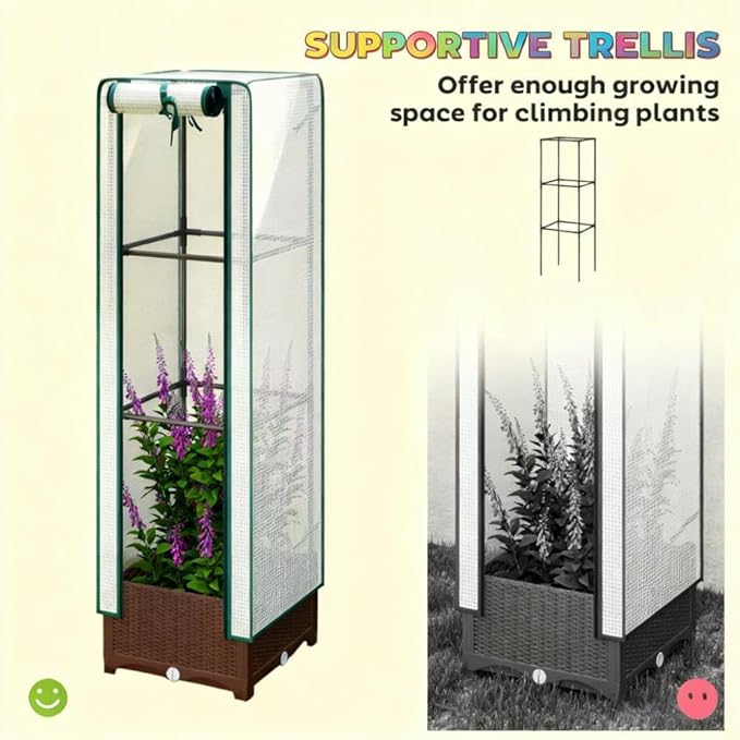 Raised Garden Bed with Built-in Trellis and Weather-Resistant Cover for Outdoor Vegetable and Flower Growing (Brown + White + Polypropylene + Steel-1)