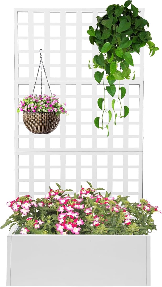 Metal Planter Box with Trellis12 Inch Deep Garden Planter with Privacy ScreenSteel Metal Raised Bed Planters for Climbing RoseFlowersPlants (White)