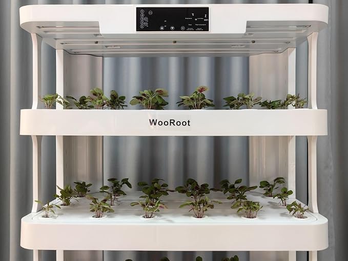 WooRoot Hydroponic Growing System 5-Tier NFT Tower with 148 Pods 100W Full-Spectrum LED Grow Lights Dual Water Reservoirs Smart Timer Control for Indoor Home Education &amp Commercial Growing
