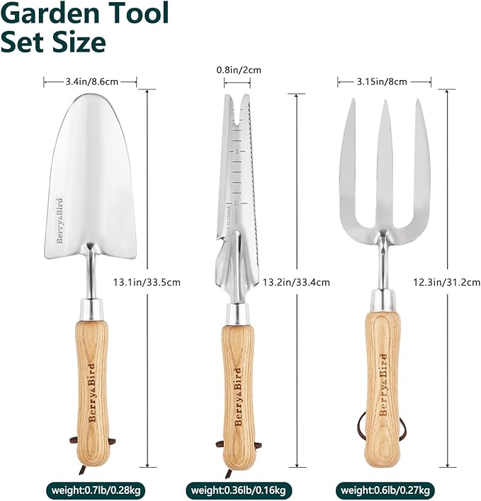 Berry&ampBird Gardening Hand Tool Set - 3PCS Stainless Steel Garden Tool Kit Multifunctional Tool with Wooden Handle Trowel Fork &amp Weeder for Weeding Planting Transplant Ideal Garden Gift for W