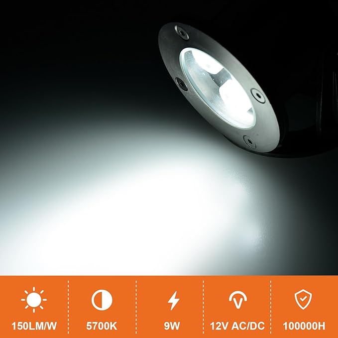 Underwater LED Pond Lights - 9W 5700K Bright White LED Pond Light Works at 12V AC/DC Low Voltage - STAINLESS STEEL IP68 Submersible for Fountains Ponds Waterfalls and Landscape Lighting Purposes