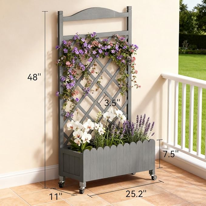 COMHOMA Raised Garden Bed with Trellis and Wheels48Inch Elevated Planter Box with Drainage HolesLattice Privacy Screen for Climbing Plants VegetablesOutdoor for Patio Balcony YardGray