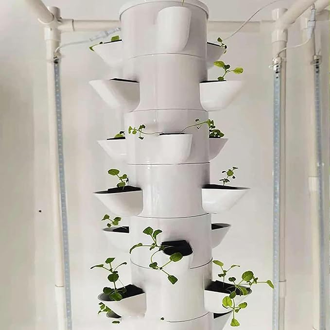 45 Holes 15 Floors Hydroponics Tower Hydroponic Grow Kit with Hydrating Pump Aquaponics Growing System Kit for Leafy Vegetables and Fruits No Soil-//
