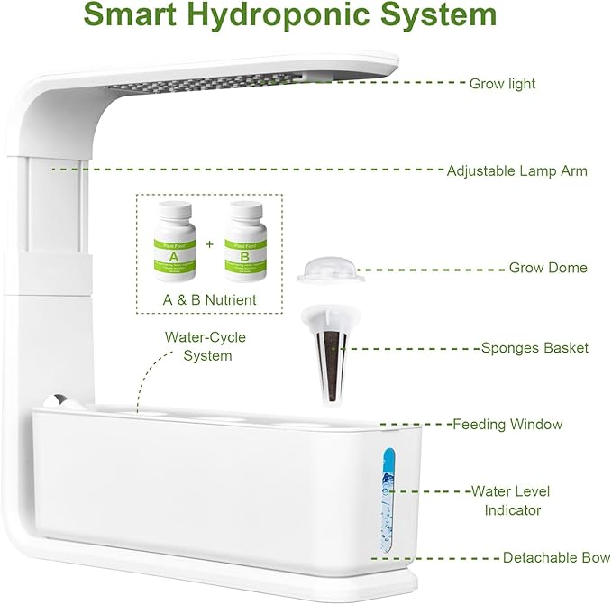 Hydroponics Growing System Indoor Herb Garden with 3 Kinds of Led Grow Light 10h Timer 3 Holes 3 Inch Adjustable Light Stand Transparent Water Level Smart Garden Hydroponic Indoor Black