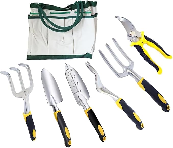 Garden Tool Set with Storage Bag 6-Piece Aluminum Alloy Hand Tools Ergonomic Handles Includes Trowel Pruner Cultivator Fork