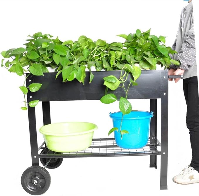 Mobile Metal Raised Garden Bed Cart with Wheels Elevated Planter Box for Vegetables Herbs Flowers Indoor &amp Outdoor Patio Balcony Backyard Ergonomic Waist-High Design Black