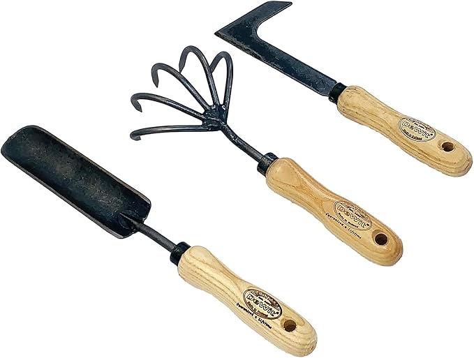 DeWit Patio Tool Set – Rock-N-Root Trowel 5-Tine Cultivator &amp Patio Knife | Hand-Forged Boron Steel Garden Tools with Ash Wood Handles