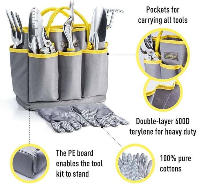 Jardineer Garden Tools Set 8PCS Heavy Duty Garden Tool Kit with Outdoor Hand Tools Garden Gloves and Storage Tote Bag Gardening Tools Gifts for Women and Men