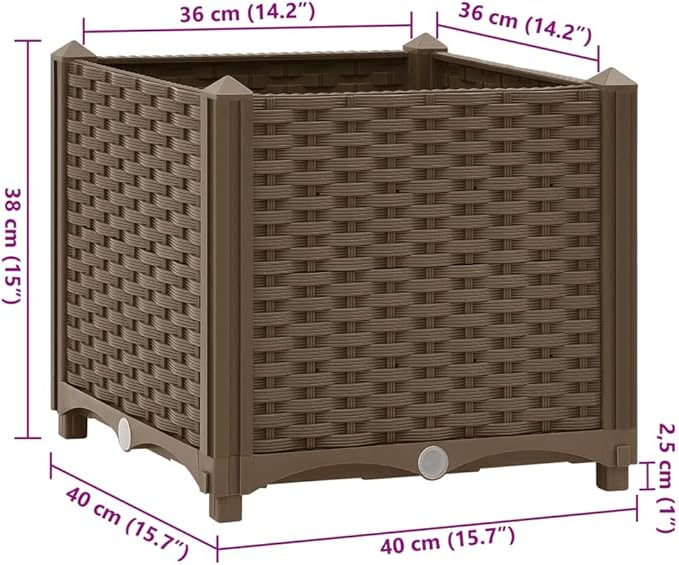 Raised Garden Bed 15.7 x 15.7 x 15 Brown Polypropylene Planter Box Elevated Outdoor Garden Planter for Vegetables Flowers Herbs - Durable Easy to Assemble for Garden or Patio