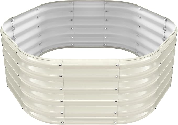 Hexagon Raised Garden Bed 48 Inch Diagonal &amp 16.5 Inch Tall Galvanized Steel Planter Box with Wave-Shaped Metal Panels for Outdoor FlowerTreeHerb &amp Vegetable Garden (Cream white 4FT X 1.5