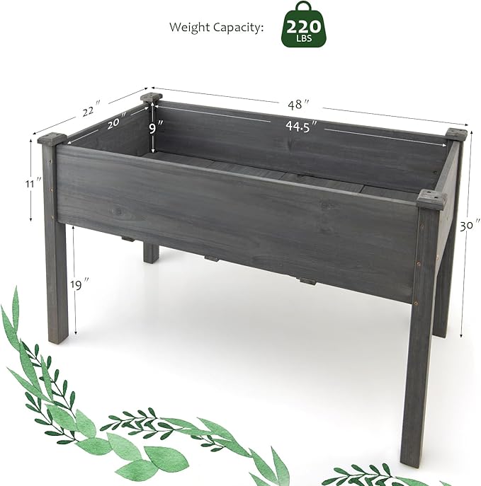 COSTWAY Raised Garden Bed Elevated Wood Planter Box Stand with Legs for Vegetables Flowers &amp Herbs Standing Growing Bed for Backyard Patio Balcony 48”L x 22”W x 30”H (Gray)