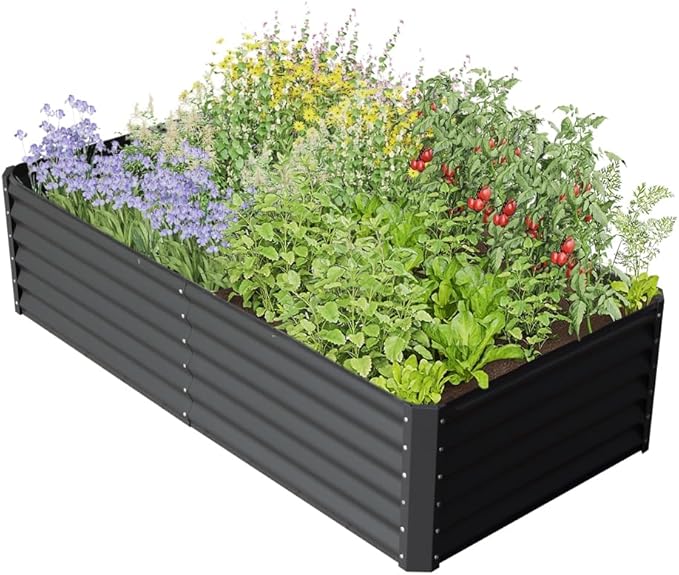 Heavy-Duty Galvanized Steel Raised Garden Bed for Outdoor Vegetable Fruit and Flower Planting – Rust-Resistant Metal Planter Box (Dark Gray - 8x4x1.5 ft)