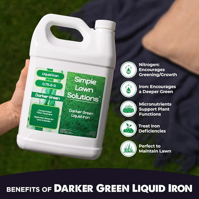 Simple Lawn Solutions - Liquid Iron Fertilizer Darker Green - Chelated Micronutrients - Concentrated Spray Booster for Turf Grass Indoor Plants and Outdoor Garden (1 Gallon)