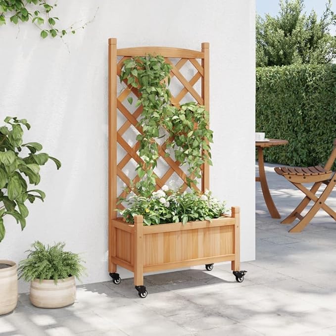 Rectangular Brown Solid Fir Wood Planter with Trellis Wheels 11.6x21.7x46.3 Inch Raised Garden Bed for Outdoor Plants Balcony Patio