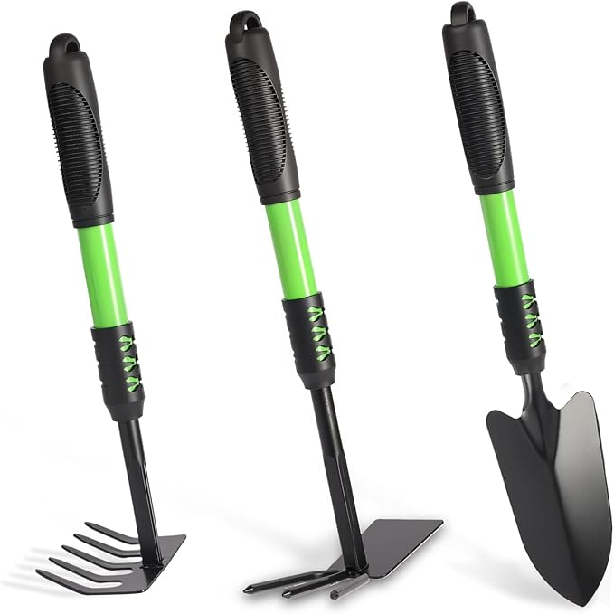Garden Tool Set 3 Pack Lightweight Heavy Gardening Kit Including Hand Shovel Transplant Shovel and Hand Rake with Soft Rubber Non-Slip Handle for Planting Weeding Digging Green ﻿