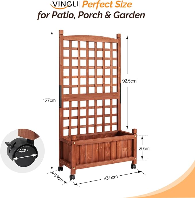 VINGLI 2PC Wooden Planter with Trellis 50 Height Elevated Garden Beds Outdoor with Wheels FreeStanding Planter Box with Drainage Holes for Flower Vegetable Fruit Herb in Garden Patio Balcony