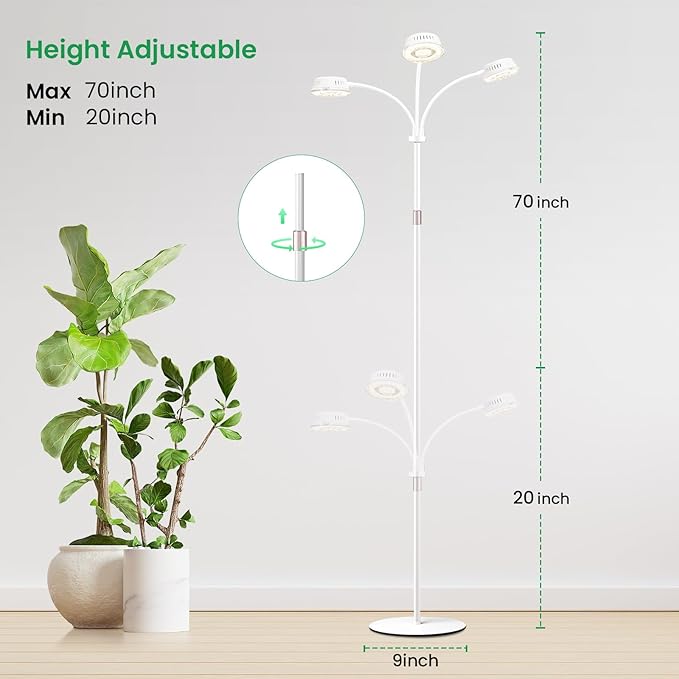 LORDEM Full Spectrum Plant Light for Indoor GrowingTri-Head Grow Light with Stand for Large PlantsAuto ON/Off Timer 6/8/12/16H 5 Dimmable Levels 20-70 inches Adjustable Height