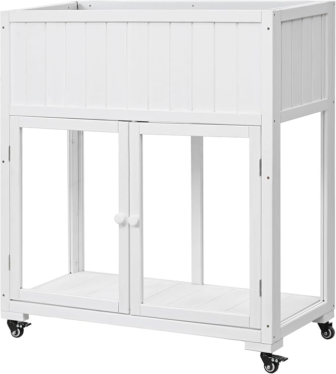 Patio 35.4''x17.7''x37.4'' Wood Cold Frame Compact 2 Doors GGreenhouse with Wheels Raised Bed with Liner for Indoor Outdoor Use White