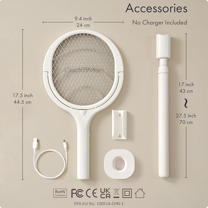 2-Pack GeckoMan Rotating Head Electric Fly Swatter Racket Rechargeable Bug Zapper Racket Bug Zapper Indoor Fly Zapper Mosquito Zapper Flies Killer for Indoors with 2 Telescopic Extensions