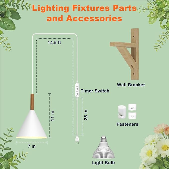 Hanging Grow Light with Timer 20W Full Spectrum Plant Lamp for Indoor Plants 14.5 ft Power Cord Adjustable Height Wall-Mounted Growing Light for Large Tall Plants Succulents and Flowers (White)
