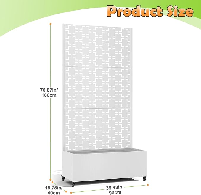 Metal Raised Garden Bed with Trellis 2-in-1 Planter Box &amp Privacy Screen for Climbing Plants Outdoor Standing Flower Bed with Drainage Holes 35.4 L x 15.7 W x 70.1 H White-Square