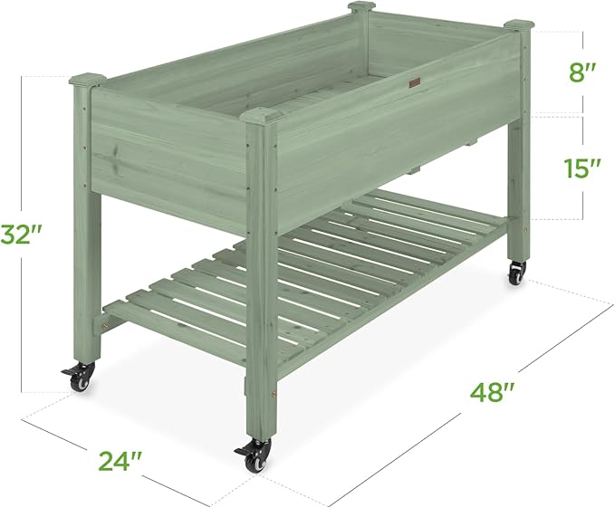 Best Choice Products Raised Garden Bed 48x24x32-inch Mobile Elevated Wood Planter w/Lockable Wheels Storage Shelf Protective Liner - Sage