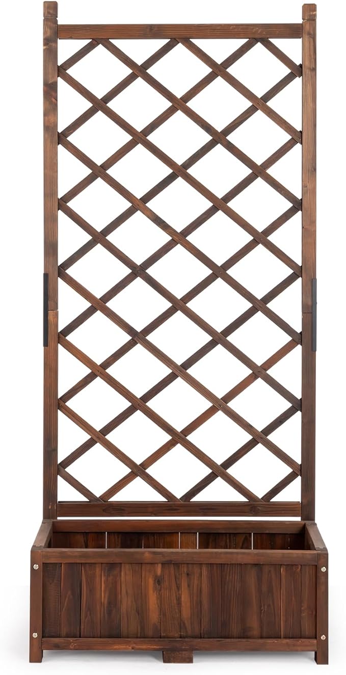 Garden Bed with Trellis Indoor &amp Outdoor Planter Raised Bed with Drainage Holes Wooden Planter Box for Garden Patio Balcony Freestanding Planter Container for Vine Climbing Plants Flowers -Fir