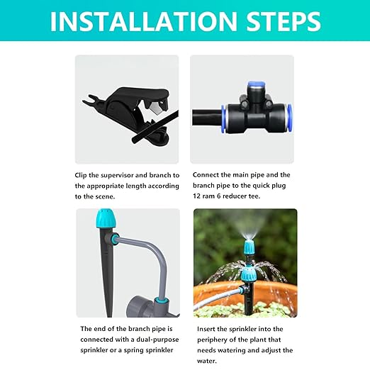 Drip Irrigation System50FT Main Pipe and 16FT Branch Pipe10 Adjustable Drippers with Piles Quick Socket Connection.Plant Watering System of Garden Potted Elevated Garden Bed.(Dual-Purpose Nozzle)