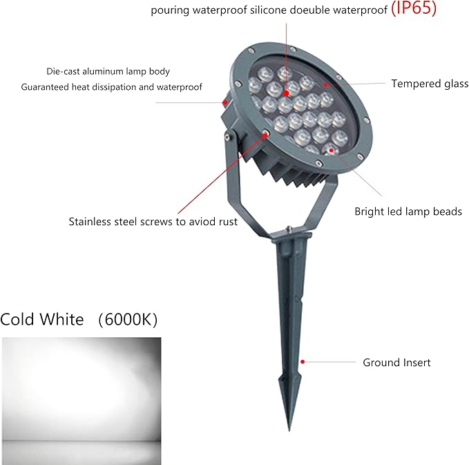 Outdoor LED Spotlight Waterproof Bright Outdoor Landscape Automatic Timer Mini Lawn Lamp 24W Graden Lights with Ground Stake Lawn Decorative Lamp with Plug Courtyard Flag Light Cool White