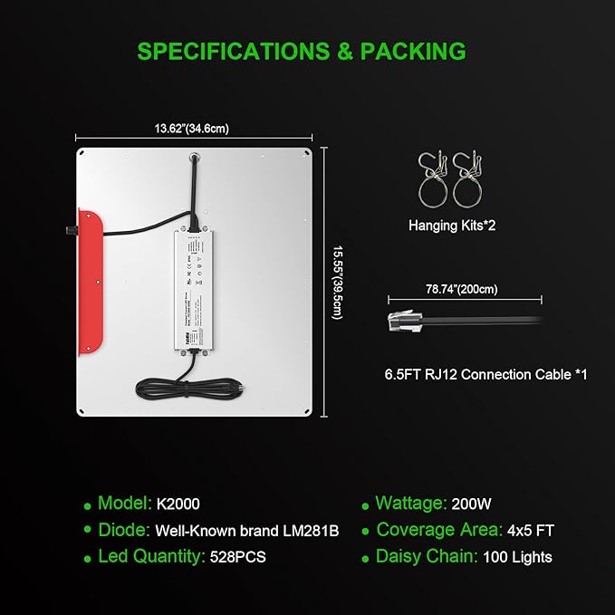 AGLEX 180W Full Spectrum LED Grow Light with UV &amp IR 528 LEDs Dimmable High PPFD 4x5 ft Coverage Daisy Chain for Indoor Plant Growing Seeding Starting Veg Flower- K2000