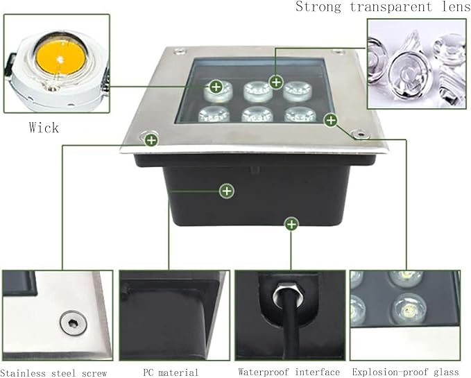 LED Floor Spotlight - Outdoor LED Path Light AC85-110V Recessed Outdoor Landscape Lamp IP66 Waterproof Square Underground Light for Garden Deck Stair Step Villas Decks Decorative Lamp (Green 3