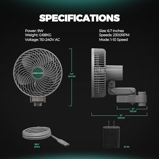 MARS HYDRO Updated 2-Pack M6 Grow Tent Fan A powerful Oscillating Clip Fan with Low Noise for Hydroponic Plants and Ventilation Circulation with convenient APP/WiFi Control.